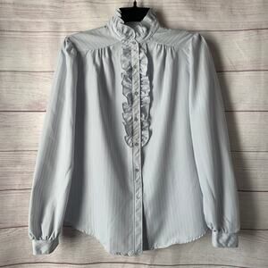Vintage Langtry Light Blue Button Up Blouse Ruffle Pinstripe Secretary Top